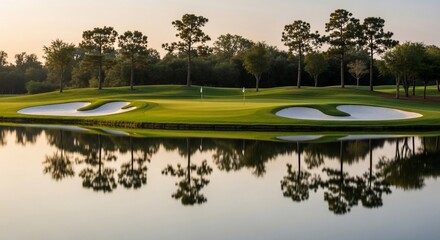 Serene golf course green reflected in calm water at sunrise.