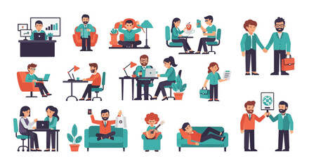 Modern professionals collaborate, work, and relax in diverse business and lifestyle scenarios.