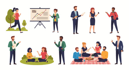 Fototapeta premium Diverse professionals collaborate, present ideas, and enjoy outdoor team building activities for dynamic business concepts.