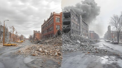 Street scene depicting aftermath; rubble blocks road. Buildings damaged, smoke rises. Vehicles abandoned amidst chaos. Disaster background evokes destruction and resilience. A powerful stock image.