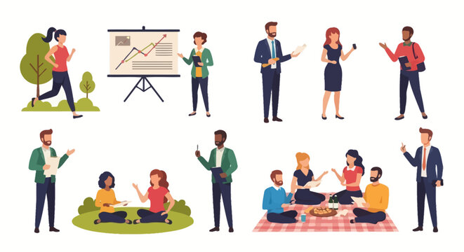 Diverse professionals collaborate, present ideas, and enjoy outdoor team building activities for dynamic business concepts.