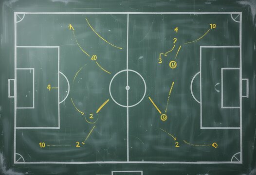 Chalkboard diagram illustrating strategic soccer positions and player movements on pitch