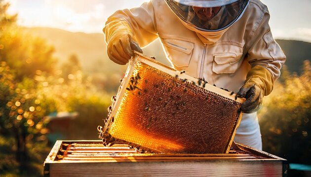 the beekeeper pulls out a frame with honey from the beehive