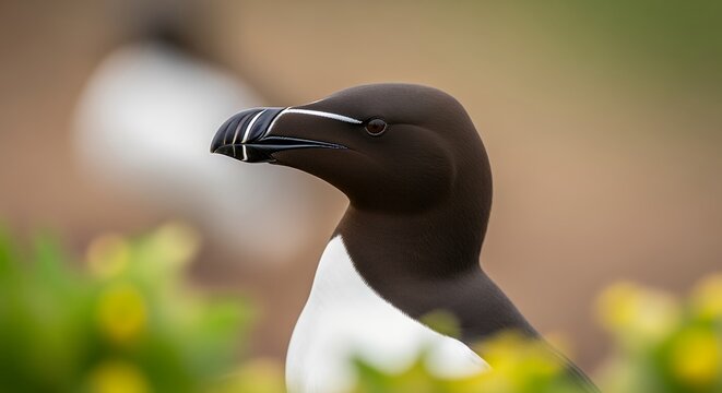 Close-up of a razorbill with its distinctive black and white plumage.