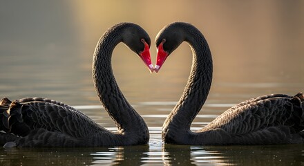 Obraz premium Two black swans forming a heart shape with their necks on a lake.