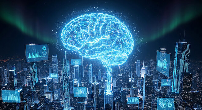 A vibrant digital brain hovers above a connected smart city, showcasing the future of urban technology. - Powered by Adobe