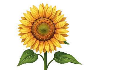 Close up of a bright yellow sunflower with green leaves isolated on a transparent background in summer