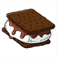 Delicious sweet s'more dessert featuring marshmallow chocolate and cookies. Ideal camping snack and baked pastry outlined in food art for treat designs.