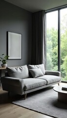 Sleek grey sofa, minimalist decor, large window, coffee table, minimalist