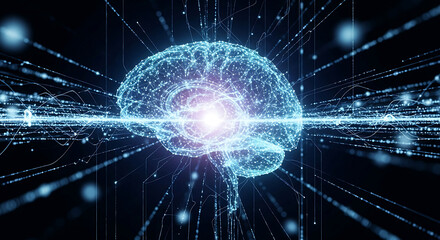 Obraz premium Digital brain network glowing with neural connections and flowing data streams in a dark futuristic environment