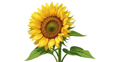 Fototapeta premium A single vibrant yellow sunflower with green leaves stands tall against a pristine transparent background radiating warmth and beauty