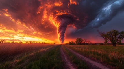 Dramatic tornado over a rural landscape with vivid sunset colors. A powerful Disaster Background, where nature's beauty meets impending danger and atmospheric tension.