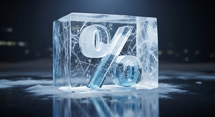 A crystal clear percentage symbol is perfectly encapsulated within a fractured block of ice.