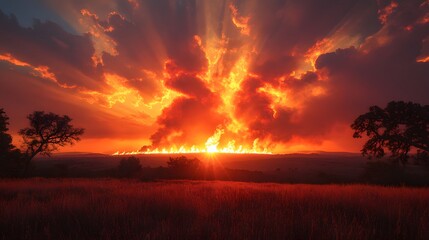 Fiery sunset bathes a parched landscape in intense reddish-orange light. Tall grass and silhouetted trees frame a horizon ablaze with flames and smoke. Disaster Background. Dramatic!
