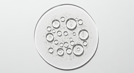 Close-up of a clear liquid drop with bubbles on a white surface.