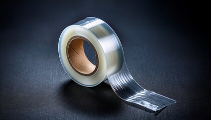 a roll of transparent adhesive tape on a dark background