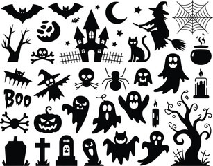 Fototapeta premium Silhouette Halloween Set: An array of meticulously designed Halloween-themed silhouettes, capturing the essence of spooky celebrations. Featuring iconic figures that embodies the spirit of fright.