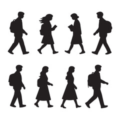  A set of eight elegant black silhouette stickers depicting students, perfect for academic planners or stationery designs.