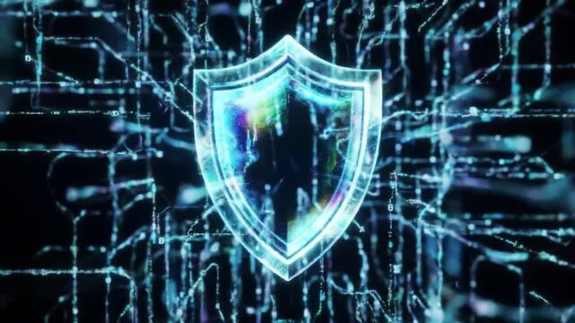 Glowing shield with binary code streams and circuit board pattern backdrop