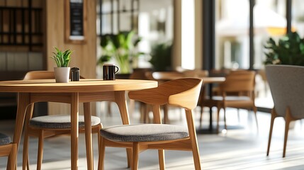 Fototapeta premium Cafe Table Setting with Modern Wooden Furniture and Minimalist Decor