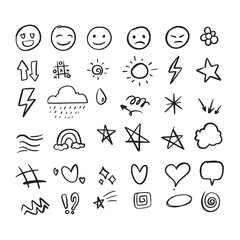 Hand Drawn Doodle Icon Set – Emojis, Weather, Arrows, Hearts and Stars on White Background