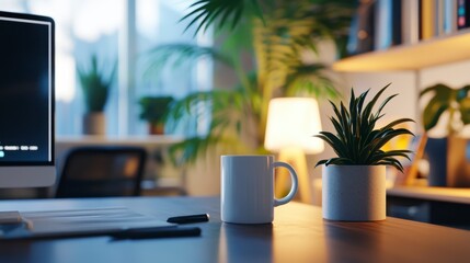 Fototapeta premium Cozy Modern Workspace with Plants and Mug on Wooden Desk