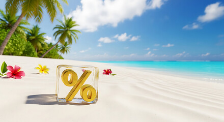 A golden percentage symbol encased in ice melts on a pristine tropical beach.
