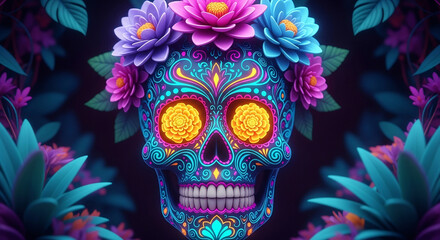 Vibrant sugar skull with floral crown, ideal for Dia de los Muertos designs, Mexican culture themes, Halloween promotions, day of the dead events and creative projects.