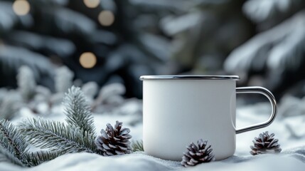 Cozy White Mug Surrounded by Snow and Pine Cones in Winter Scene