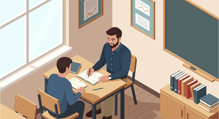 Teacher and Student Studying Together at Desk in Classroom Setting.