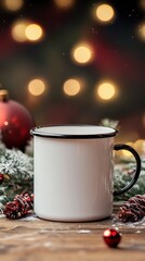 Cozy White Mug Surrounded by Pinecones and Christmas Ornaments