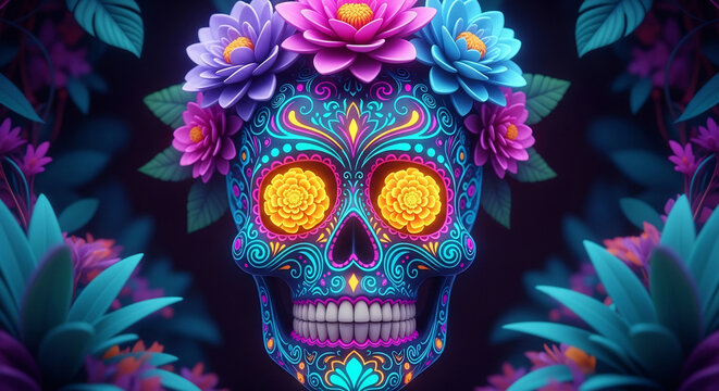 Vibrant sugar skull with floral crown, ideal for Dia de los Muertos designs, Mexican culture themes, Halloween promotions, day of the dead events and creative projects. - Powered by Adobe
