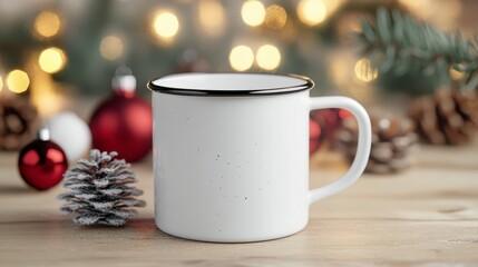 Cozy Festive Mug Surrounded by Holiday Decorations and Lights