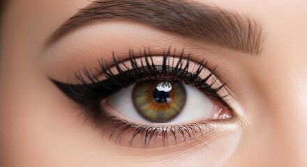 Obraz premium Close-up of a hazel eye with winged eyeliner and long eyelashes.