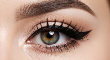 Close-up of a woman's eye with winged eyeliner and long lashes.