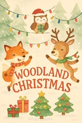 Obraz premium Woodland Christmas animals with fox and reindeer - cute holiday forest creatures