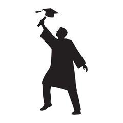 Single graduate student silhouette throwing graduation cap in the air, diploma in hand, black vector shapes, clean white background.