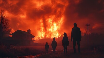 Fototapeta premium Family silhouetted against a fiery disaster background. A house and vehicle sit in the midground, as a family witnesses the intense devastation. Dramatic and ominous scene.