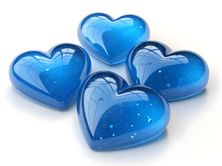 Four shiny blue hearts with sparkles isolated on a transparent background glossy
