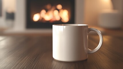 Cozy White Mug in Front of a Warm Fireplace Glow at Night
