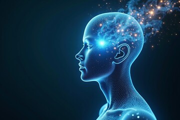 Obraz premium Creativity and human intelligence abstract visualization with glowing particles in digital mesh head on dark background