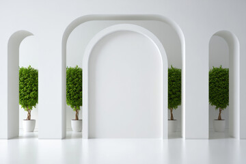 Fototapeta premium Modern architectural arches with minimalist green potted plants