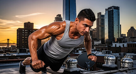 Muscular Latino man doing push-ups on rooftop, urban setting, sunset

