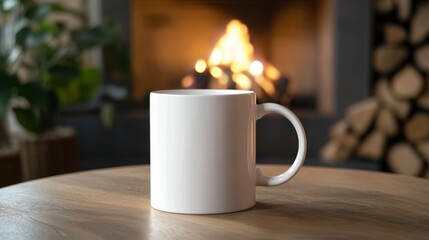 Cozy Coffee Mug on Table in Front of Warm Fireplace Atmosphere