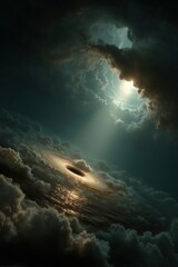 Obraz premium A glowing black hole hovers over a sea of clouds as sunlight pierces through, blending cosmic with terrestrial.