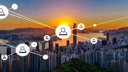 Connected world with cityscape during sunset showcasing social media network - Powered by Adobe