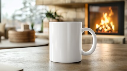 Fototapeta premium Cozy White Mug on Table with Fireplace and Warm Atmosphere