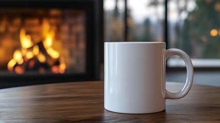 Cozy Morning Scene with White Mug Near Warm Fireplace Background
