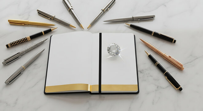 Ai generated image of collection of elegant pens arranged around an open notebook with a diamond ring
