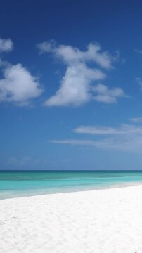 Tropical beach with white sand and azur sea water. Caribbean destination. Vertical footage